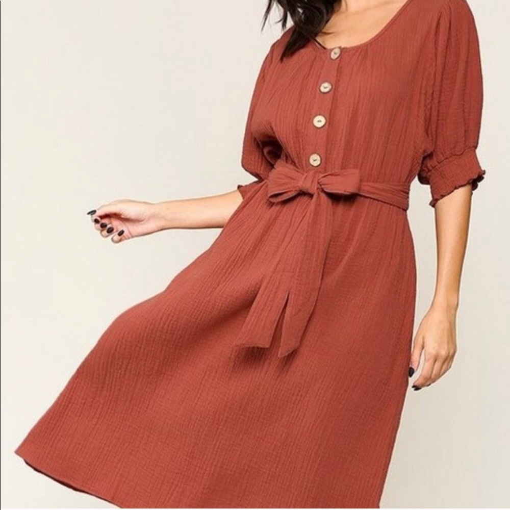 Rust Orange Balloon Sleeve Bow Midi Dress